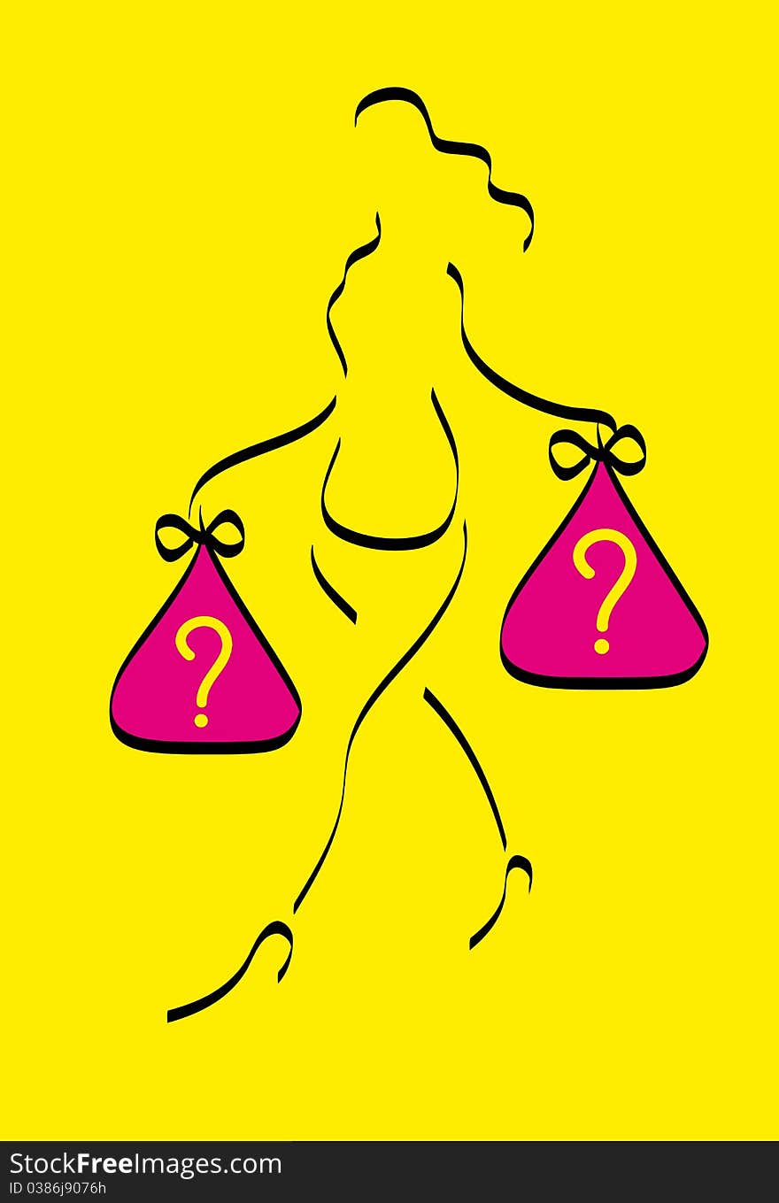 Illustration with a woman in difficult choices on yellow background