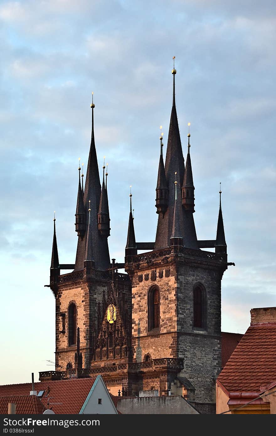 Gothic spires in the old town against evening sky. Prague. Czechia. Gothic spires in the old town against evening sky. Prague. Czechia