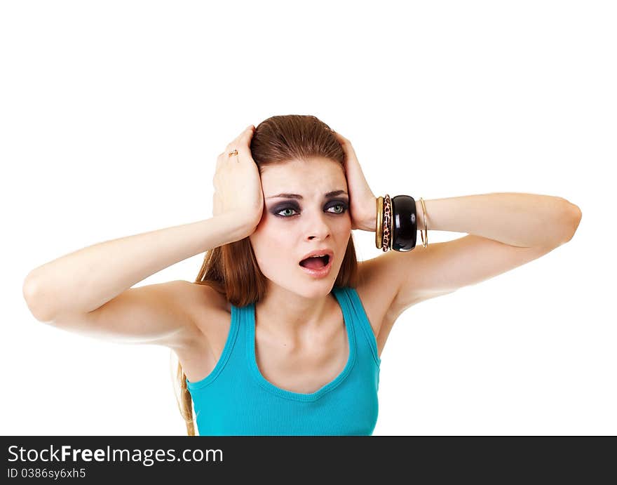 Girl in a dark makeup in blue T-shirt on white background with expression