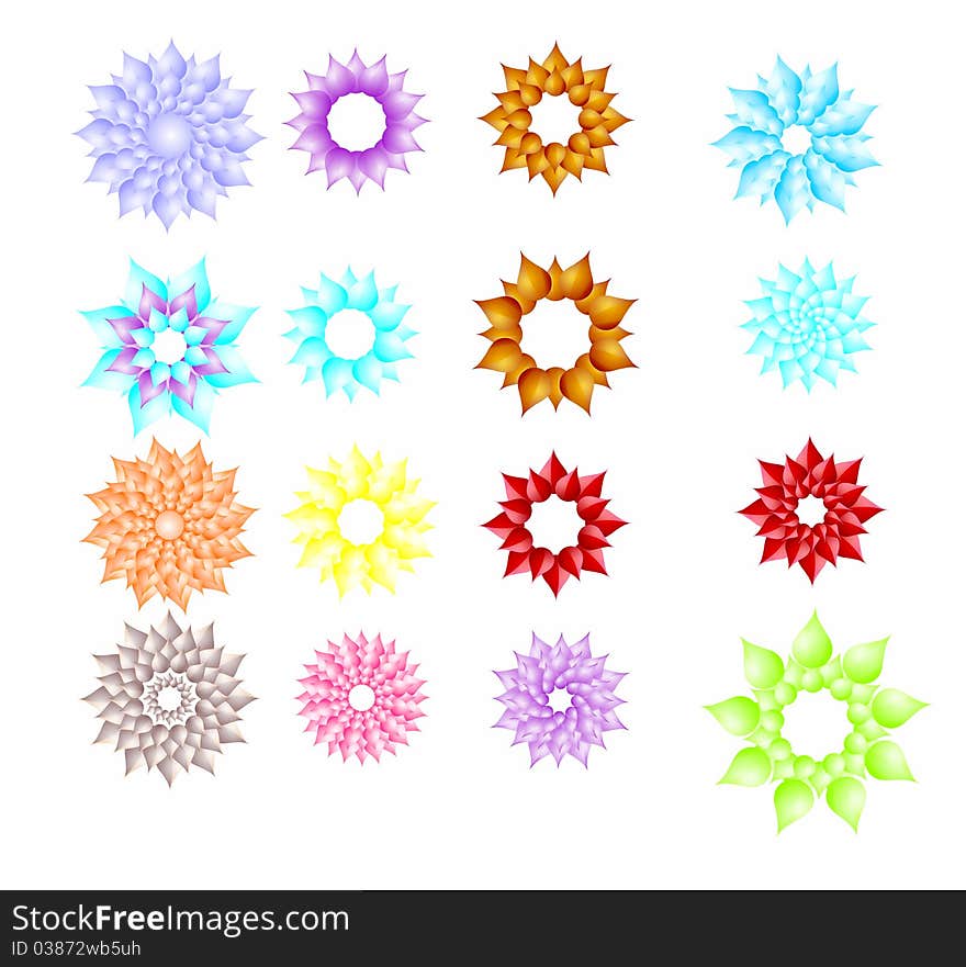 16 multi-colored abstract floral forms. 16 multi-colored abstract floral forms