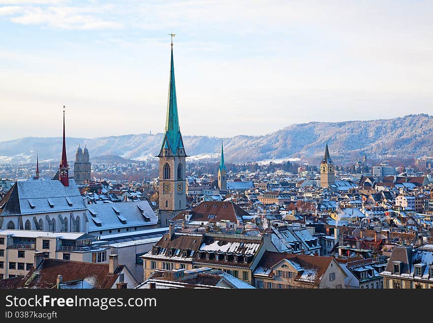 Cold snowy morning in Zurich, Switzerland