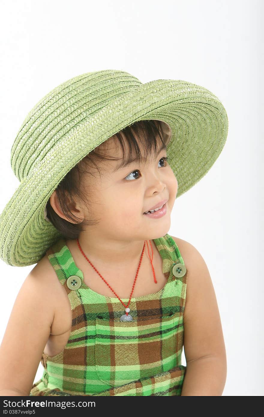 A smiling girl close-up wearing small straw hat。