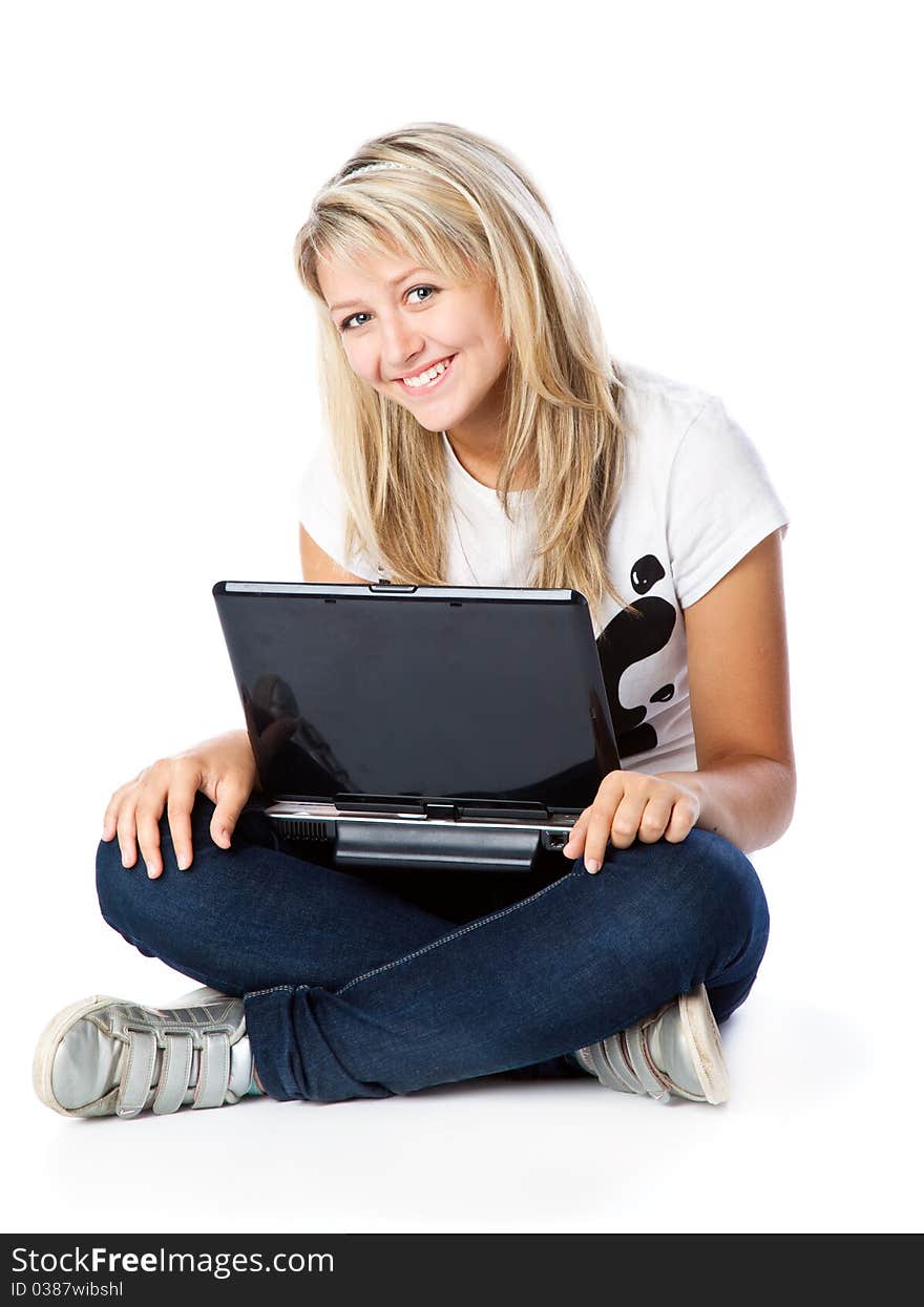 Girl with laptop. Isolated on white background