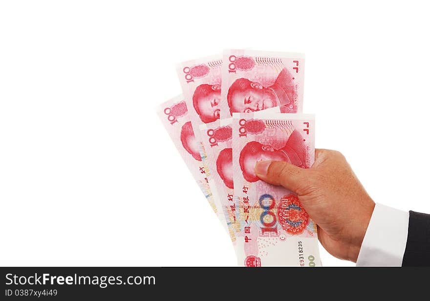 Man with Chinese cash in hand isolated on white