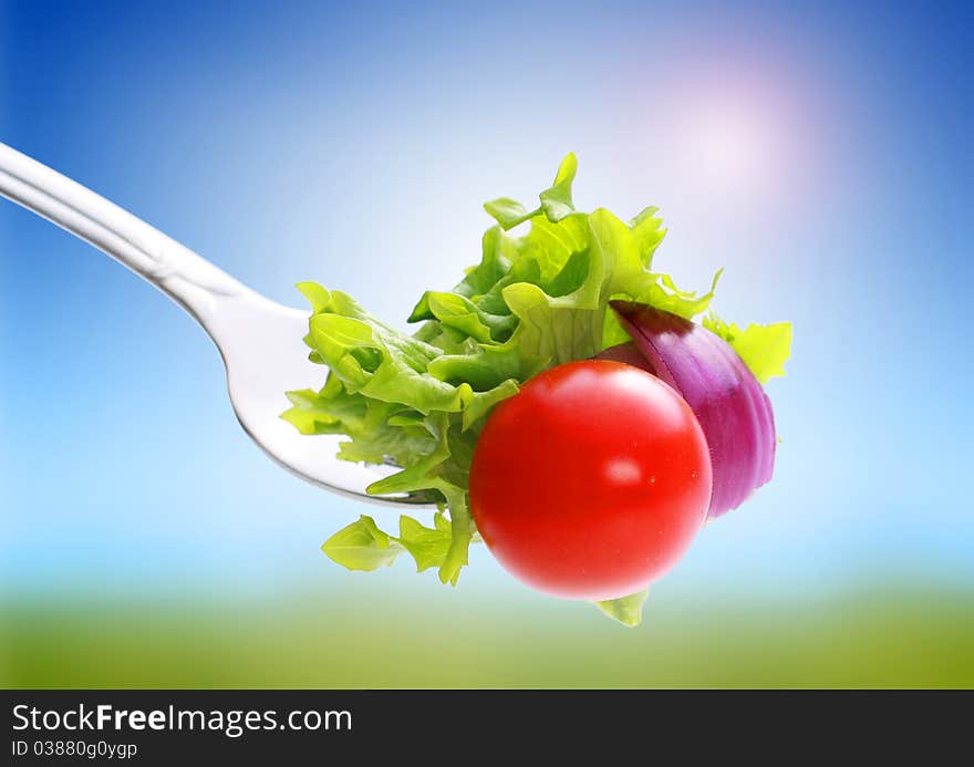 Vegetables on fork over sky background. Vegetables on fork over sky background.