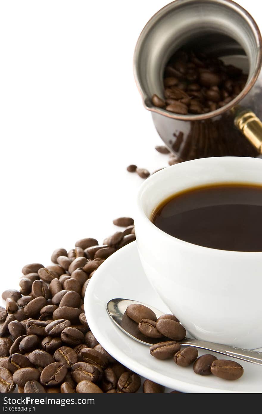 Cup of coffee, pot and beans isolated on white background