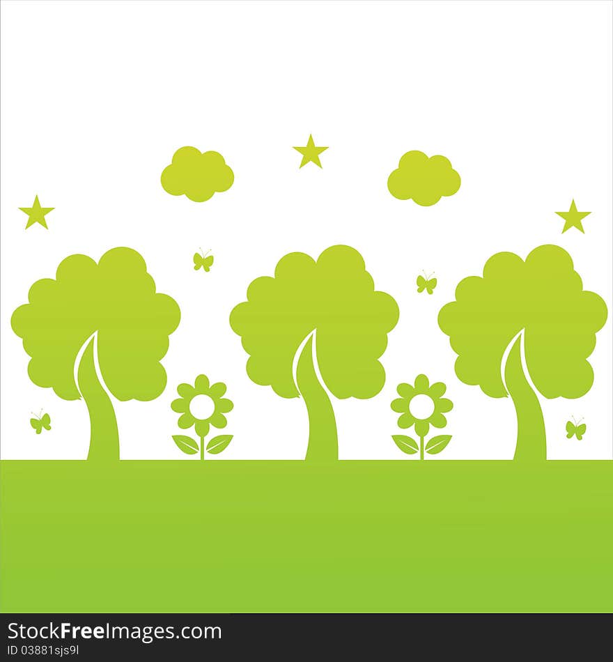 Ecological illustration with flowers and trees