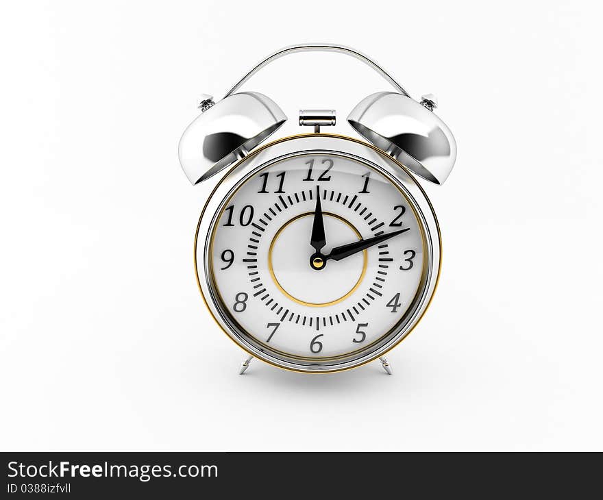 Classic chrome alarm clock with gold elements on a white background. Classic chrome alarm clock with gold elements on a white background.