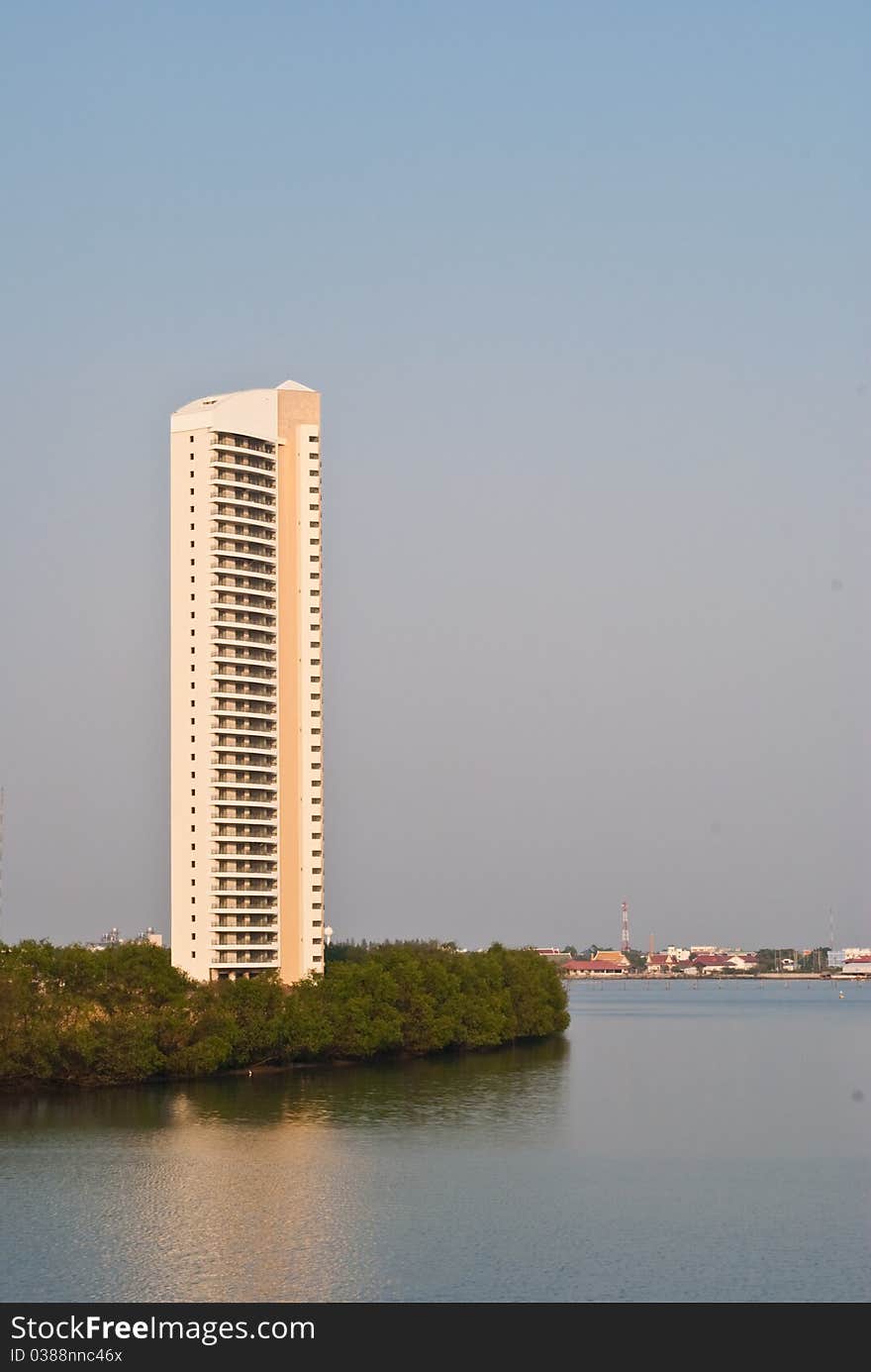 Thai river with building.