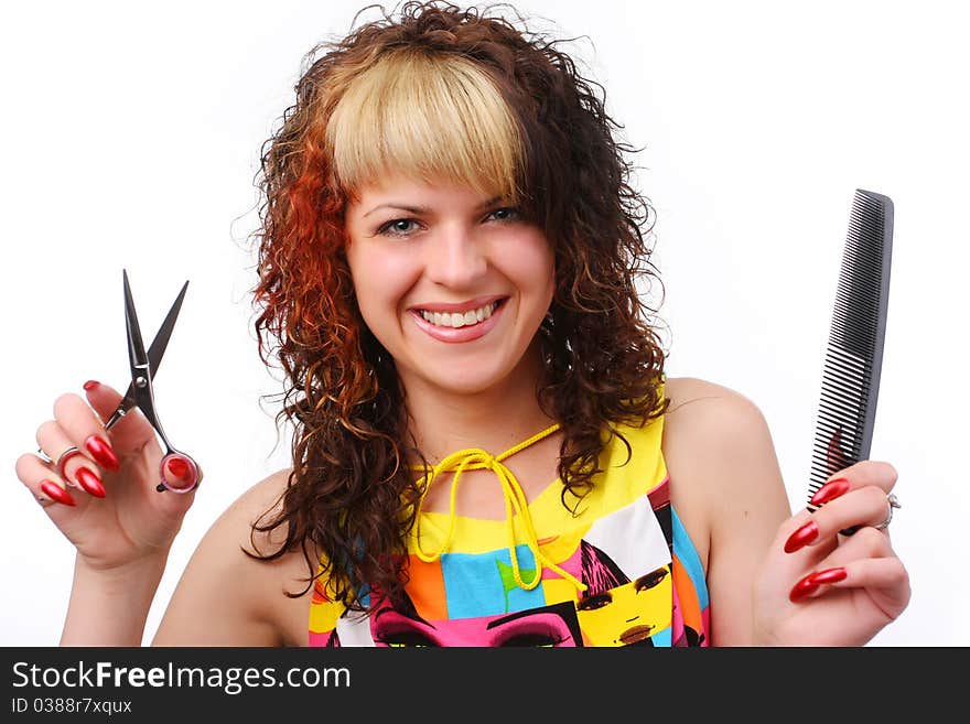 Beautiful woman with curly hair and shears. Beautiful woman with curly hair and shears