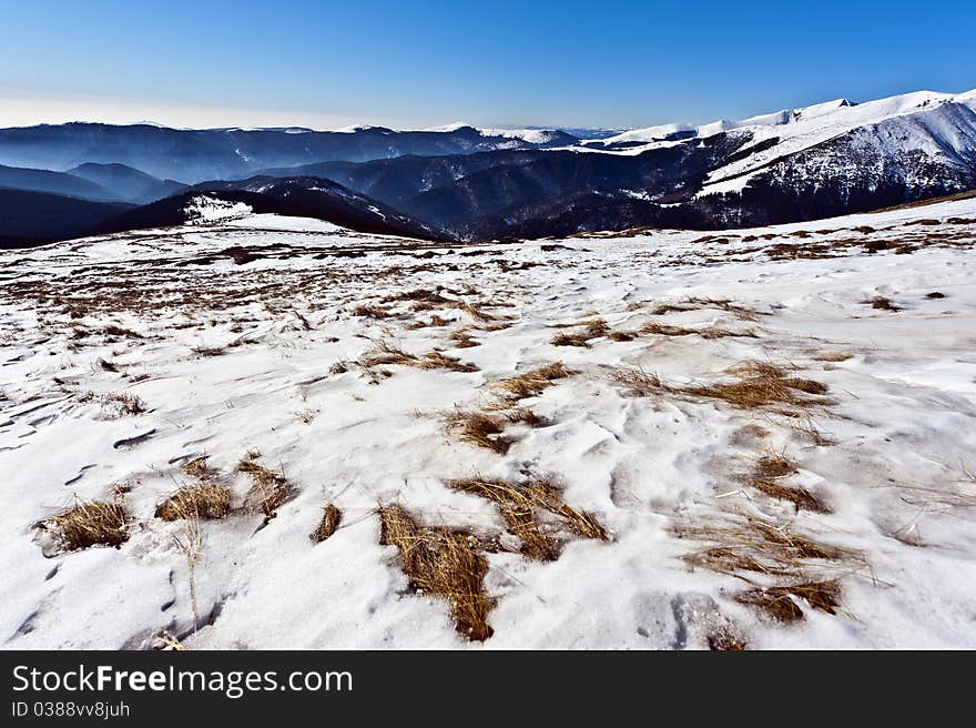 Mountain scenery out of the grass under the snow in the foreground