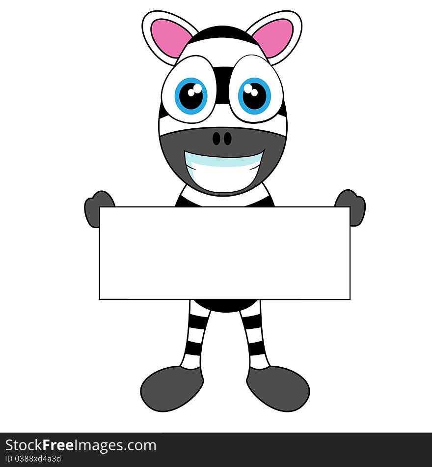 Vector illustration of a cute zebra holding a blank sign. No gradient. Vector illustration of a cute zebra holding a blank sign. No gradient