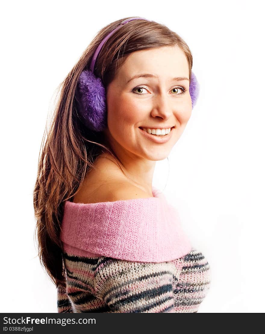 Portrait of a beautiful happy young woman with headphones (isolated)