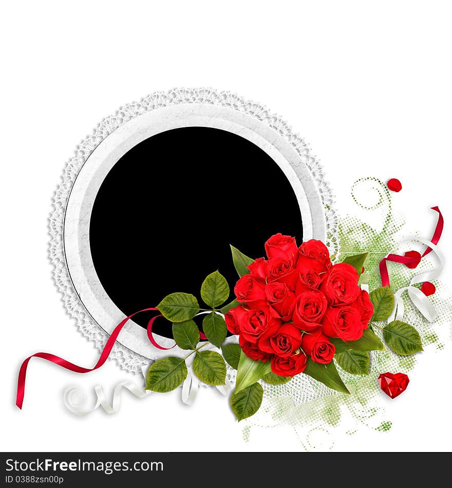 Beautiful white frame with red roses on the white background