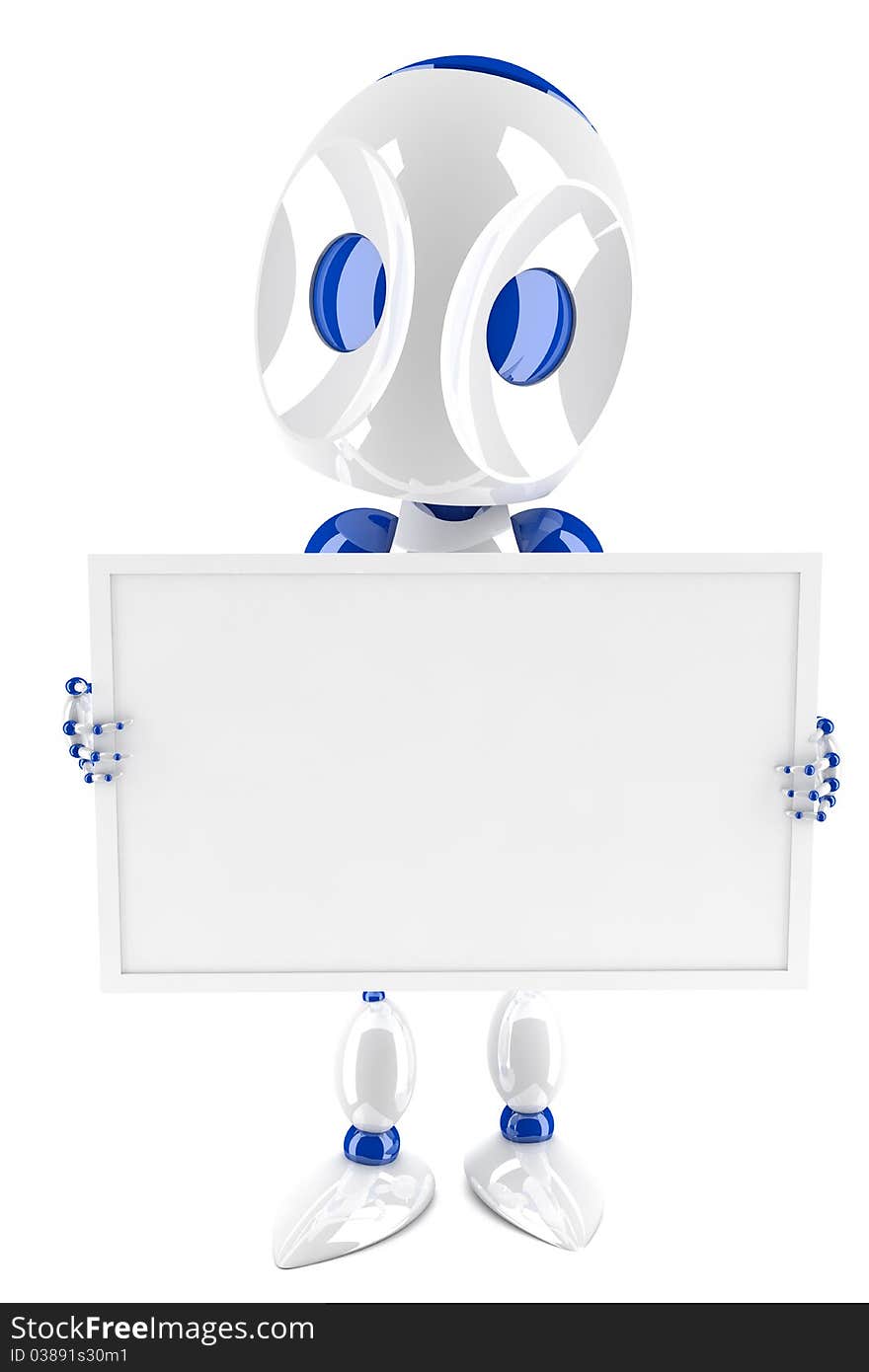 3d robot holding and presenting a blank card