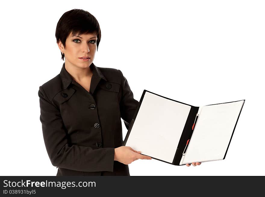 Woman holding file with blank paper in the hand. Woman holding file with blank paper in the hand