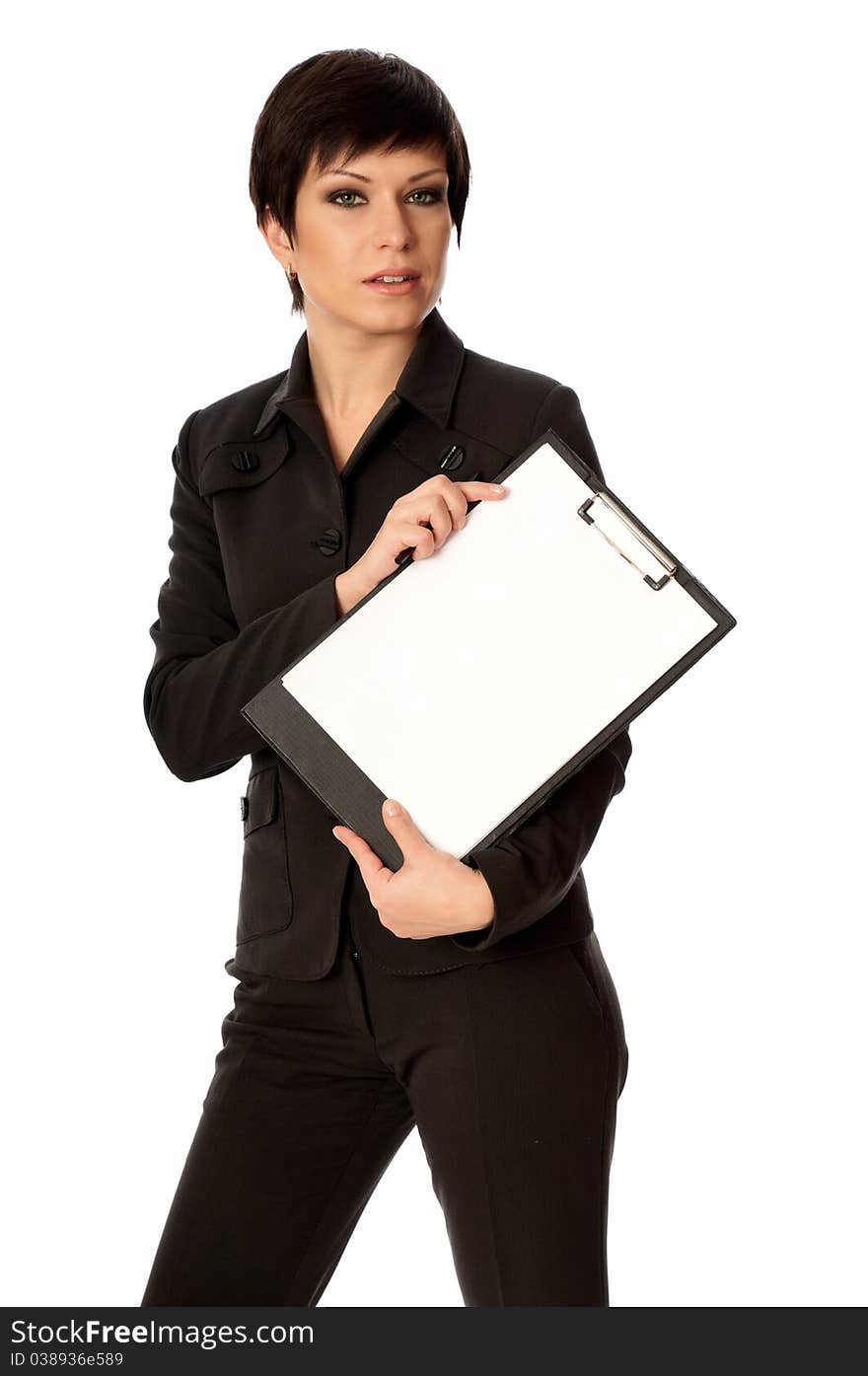 Woman holding clipboard with blank paper in the hand. Woman holding clipboard with blank paper in the hand