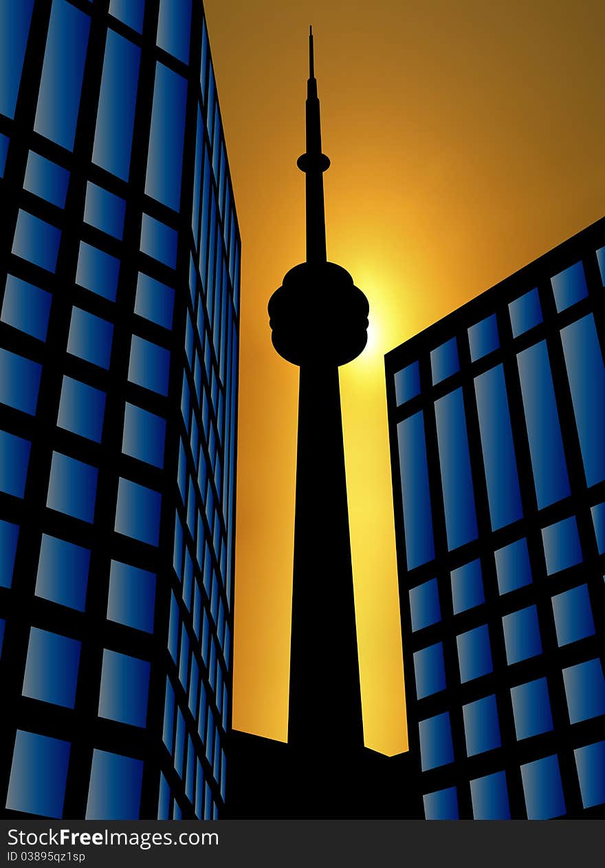 Silhouette of tower between two buildings. Silhouette of tower between two buildings