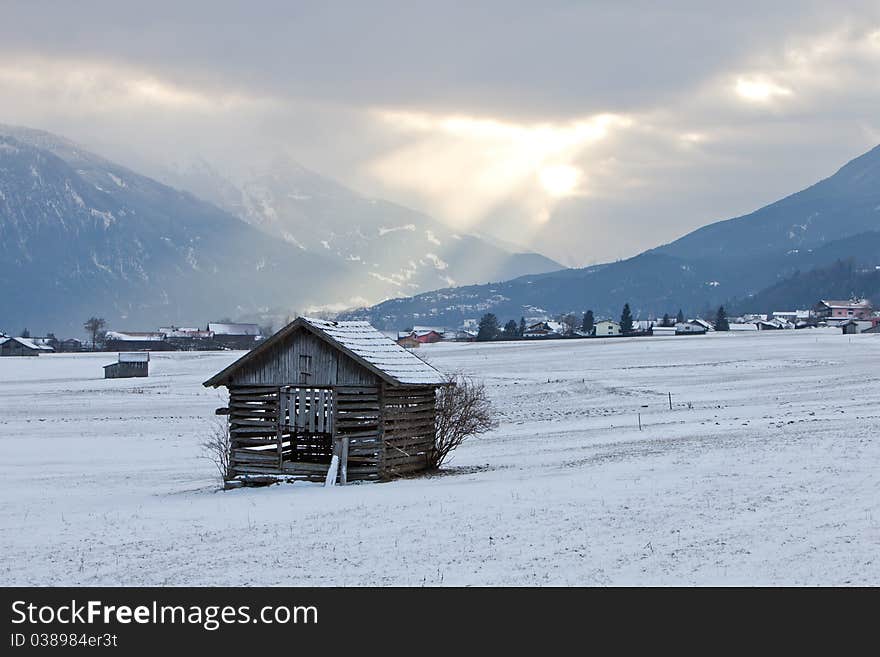 Rural austrian house in the cloudy valley. Rural austrian house in the cloudy valley