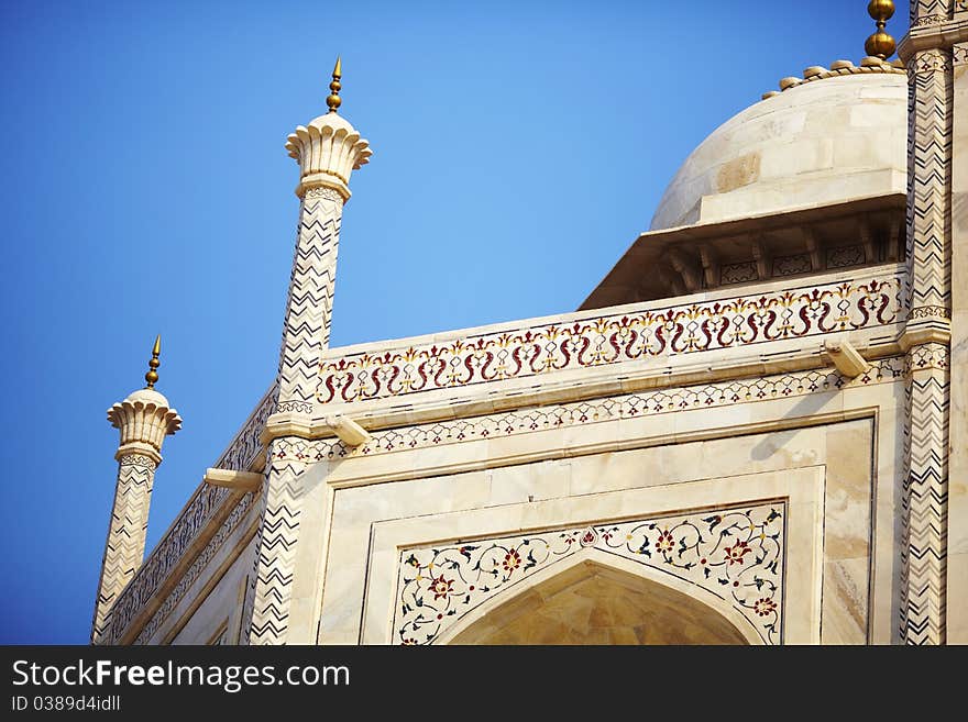 Mosque detail of the dome and pillars of Taj Mahal, India