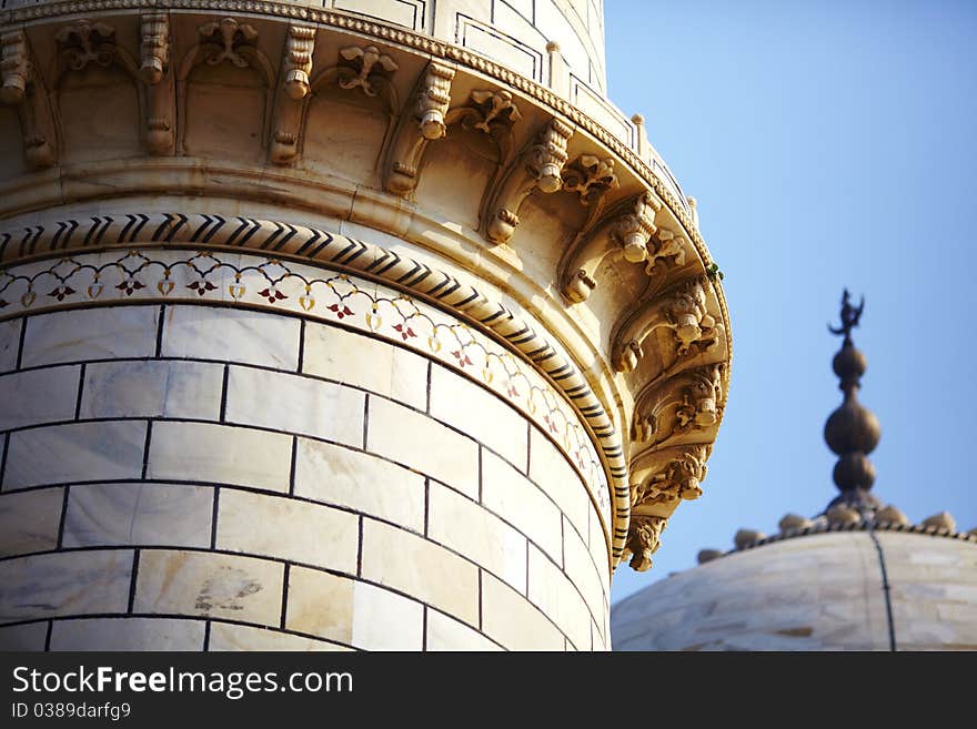 Mosque minaret and dome detail of Taj Mahal India