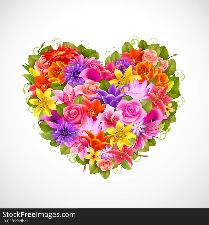 Heart of beautiful flowers with roses, gerberas, lilies and others. Heart of beautiful flowers with roses, gerberas, lilies and others