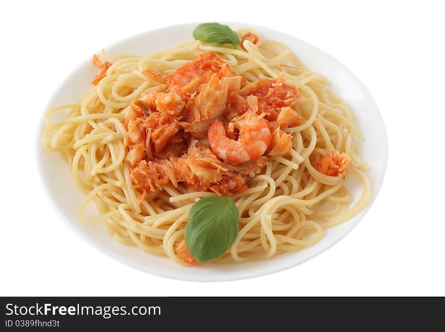 Spaghetti with codfish and shrimps