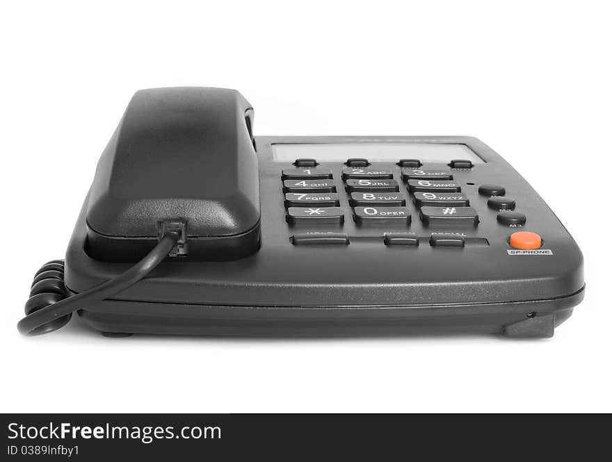 Black telephone isolated on white with reflection