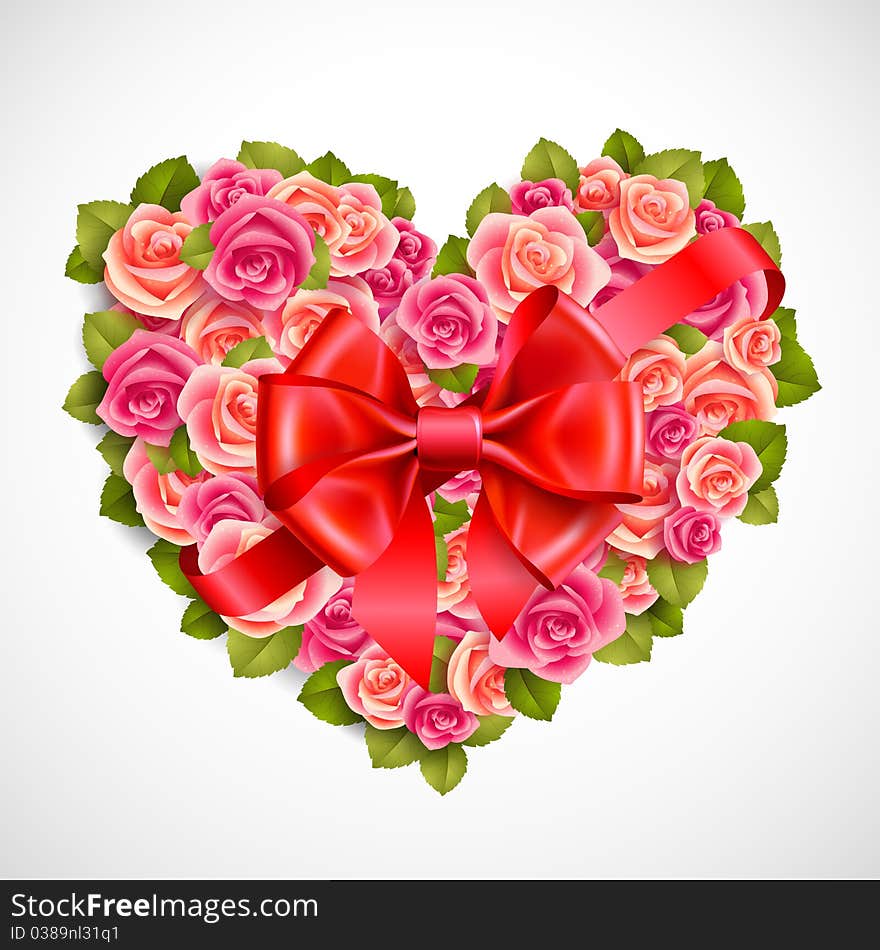 Heart of tender pink roses with red bow. Heart of tender pink roses with red bow