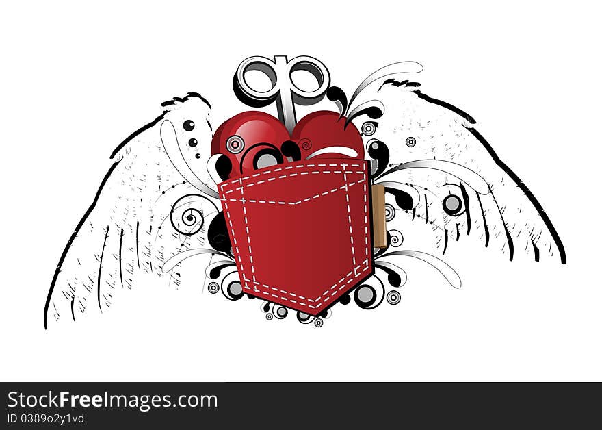 Red heart with wings and a key in his pocket jeans. Red heart with wings and a key in his pocket jeans