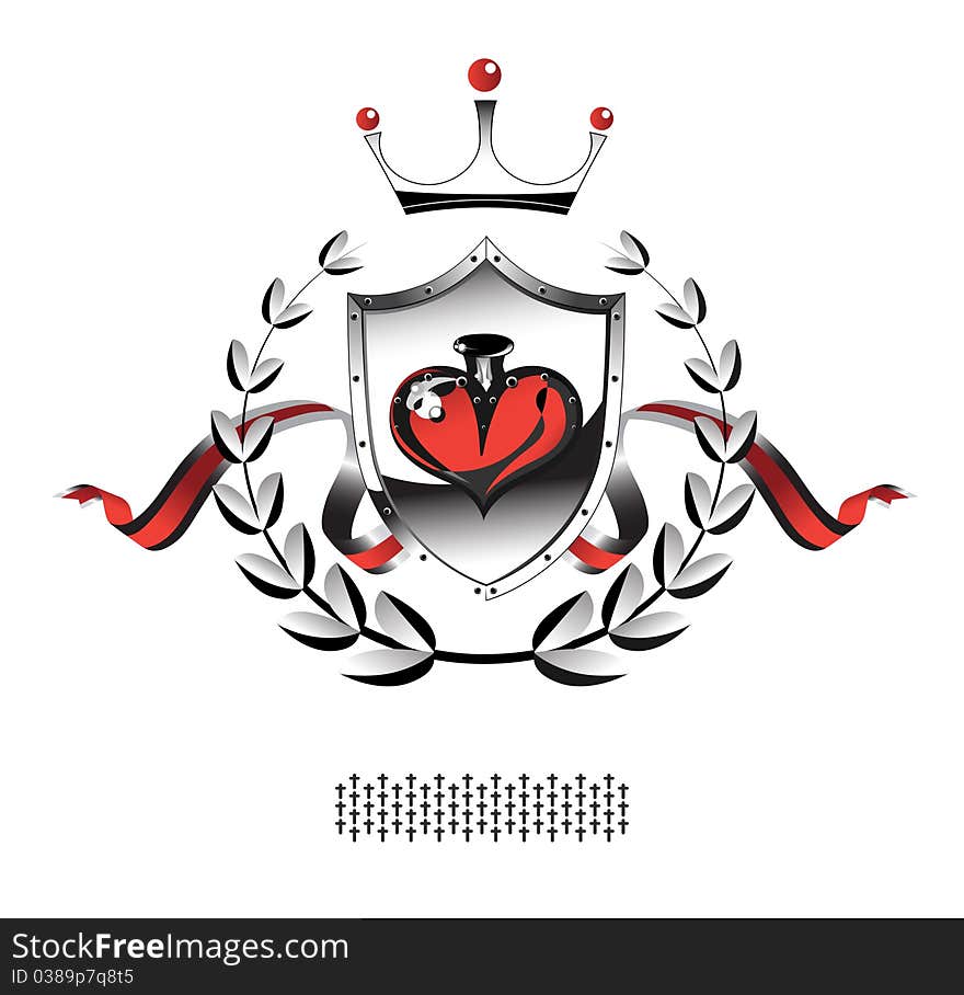 Heart of aloe on the shield with a wreath, a crown and a ribbon. Heart of aloe on the shield with a wreath, a crown and a ribbon