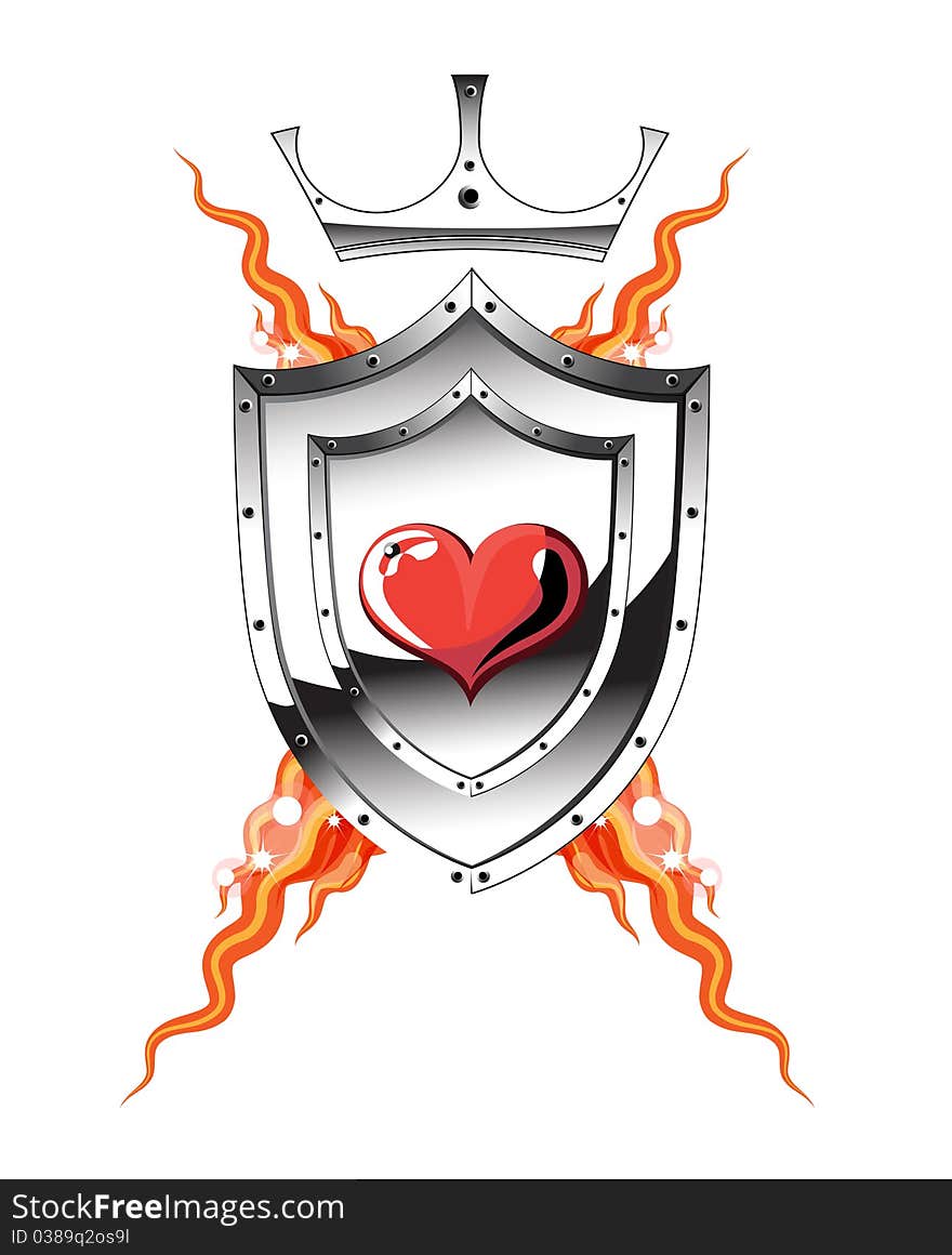 Heart of aloe on the shield with a crown and a flame of fire. Heart of aloe on the shield with a crown and a flame of fire