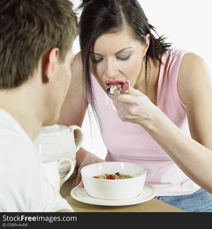 Portrait of young couple during breakfast