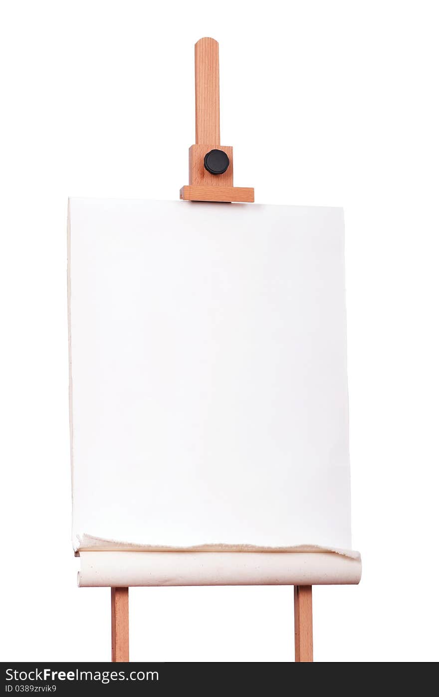 Wooden easel with blank canvas isolated on white background