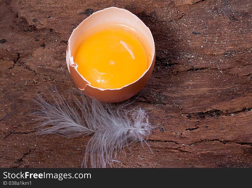 Half of Broken egg on wooden background