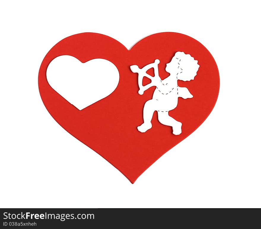 White cupid aiming arrow at a small heart all on a large red heart isolated on white background. White cupid aiming arrow at a small heart all on a large red heart isolated on white background