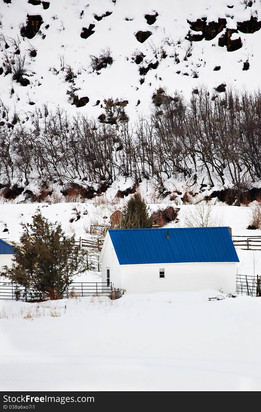 Barn with Blue Roof in Winter Landscape