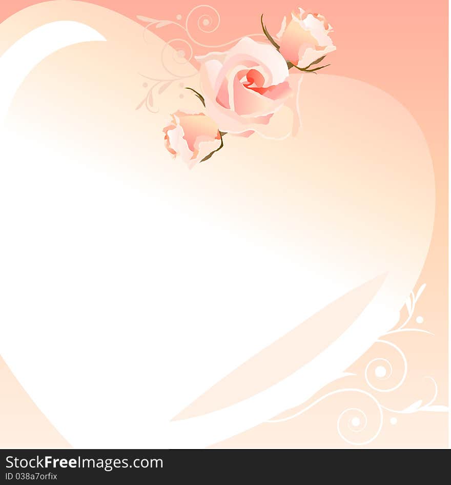 Delicate pink heart-shaped frame with roses and swirls. Delicate pink heart-shaped frame with roses and swirls