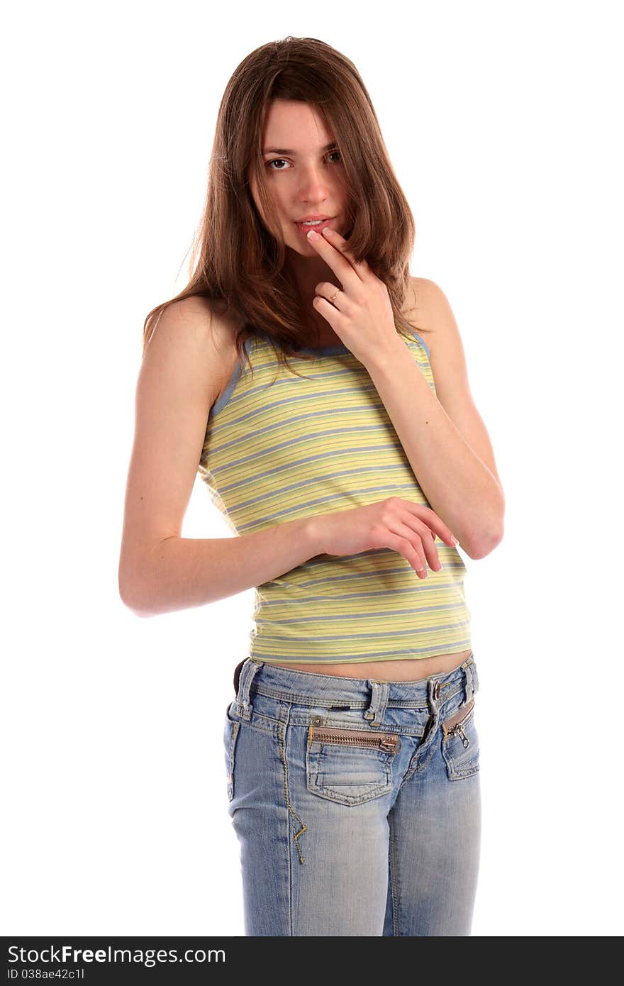 Girl in green stripy top touch lips. Isolated on white.