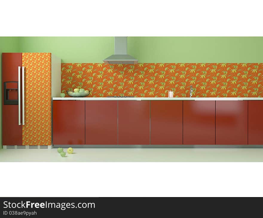 Interior of modern large red and green kitchen, 3d render. Interior of modern large red and green kitchen, 3d render