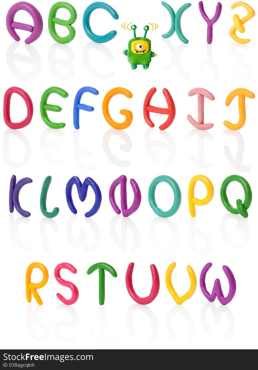 Alphabet in 3/4 view. Colorful hand made and upper case letters with real reflections. Isolated over white. Alphabet in 3/4 view. Colorful hand made and upper case letters with real reflections. Isolated over white