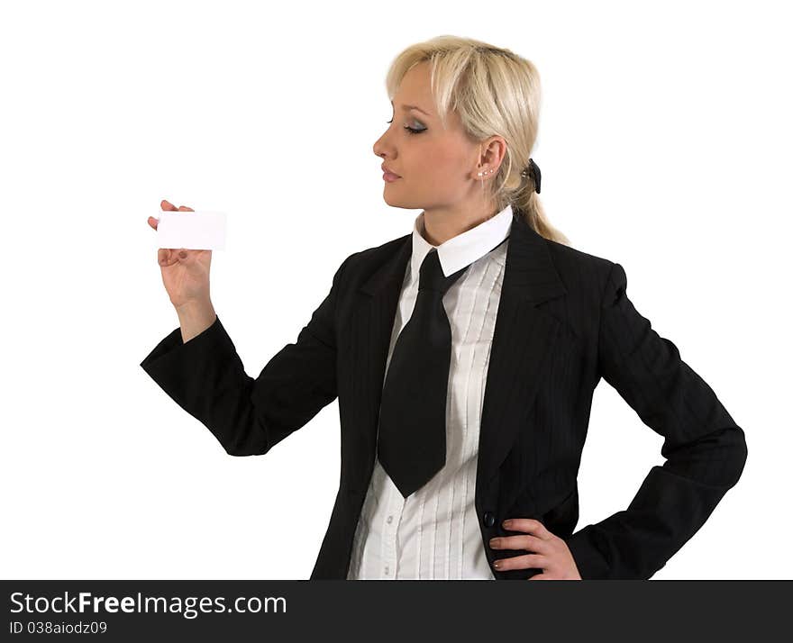 Blonde girl shows a blank card against white background. Blonde girl shows a blank card against white background.