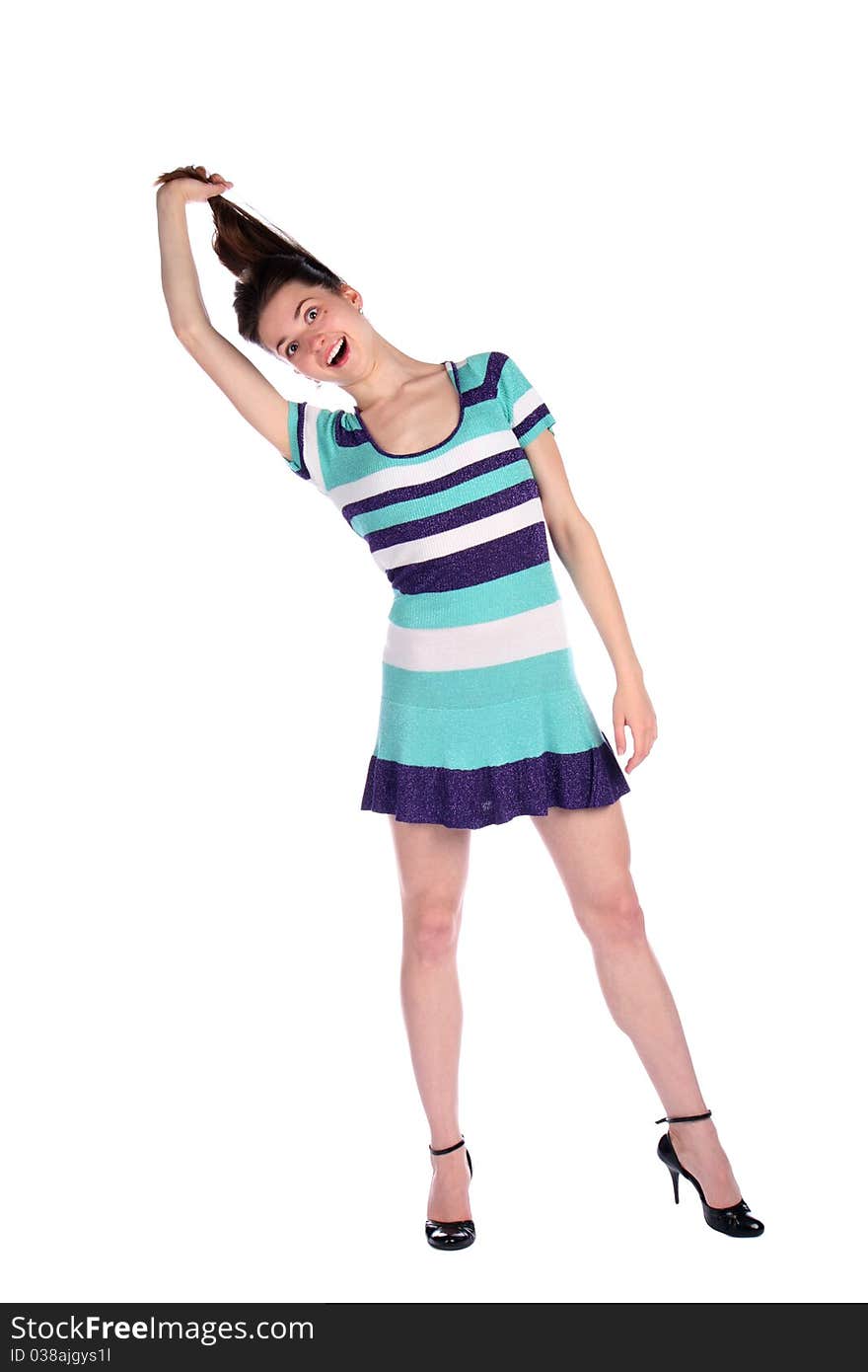 Girl In Stripy Blue Dress Pull Her Hairs.