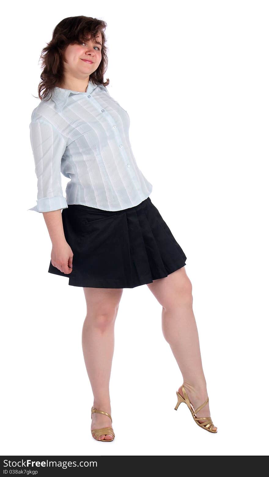 Chubby girl in white shirt and black skirt.