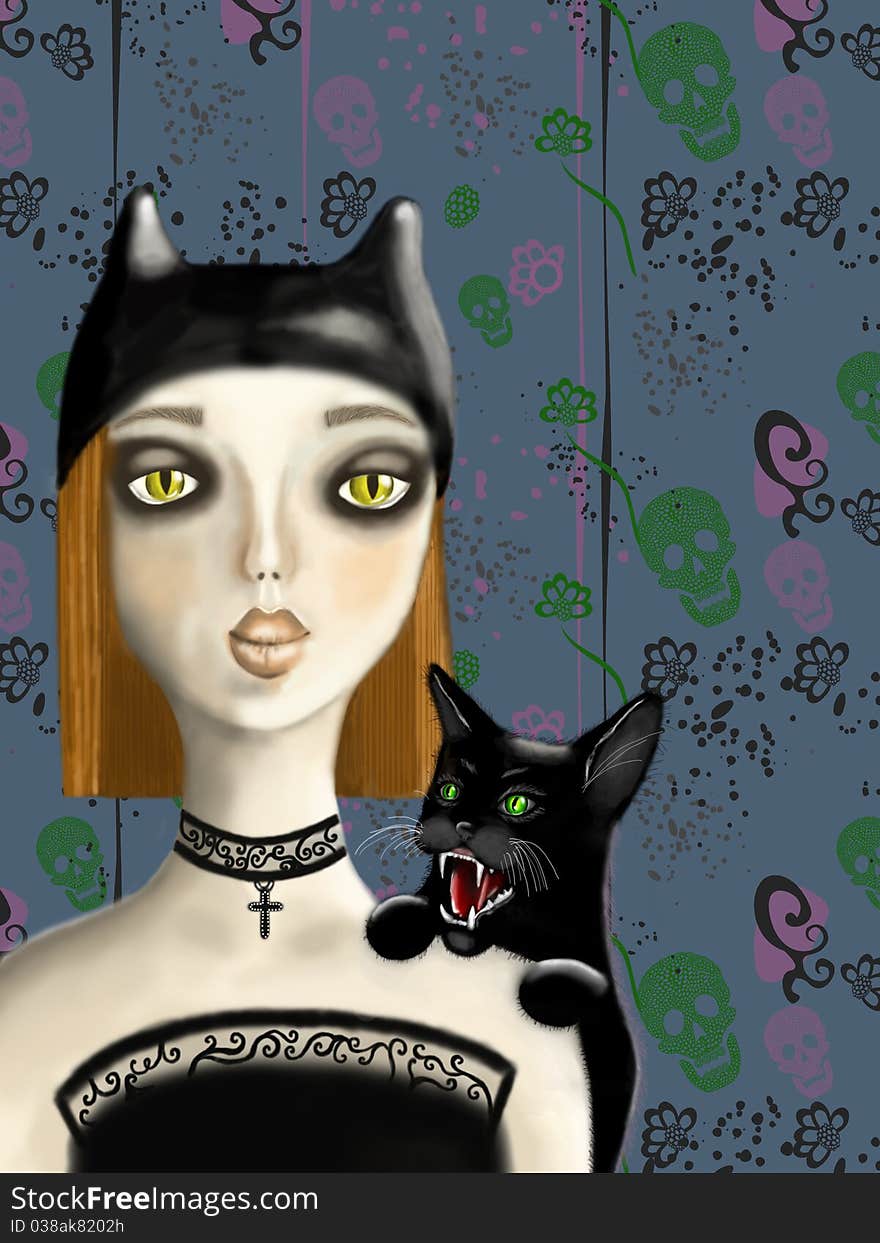 Cartoon gothic girl with cat