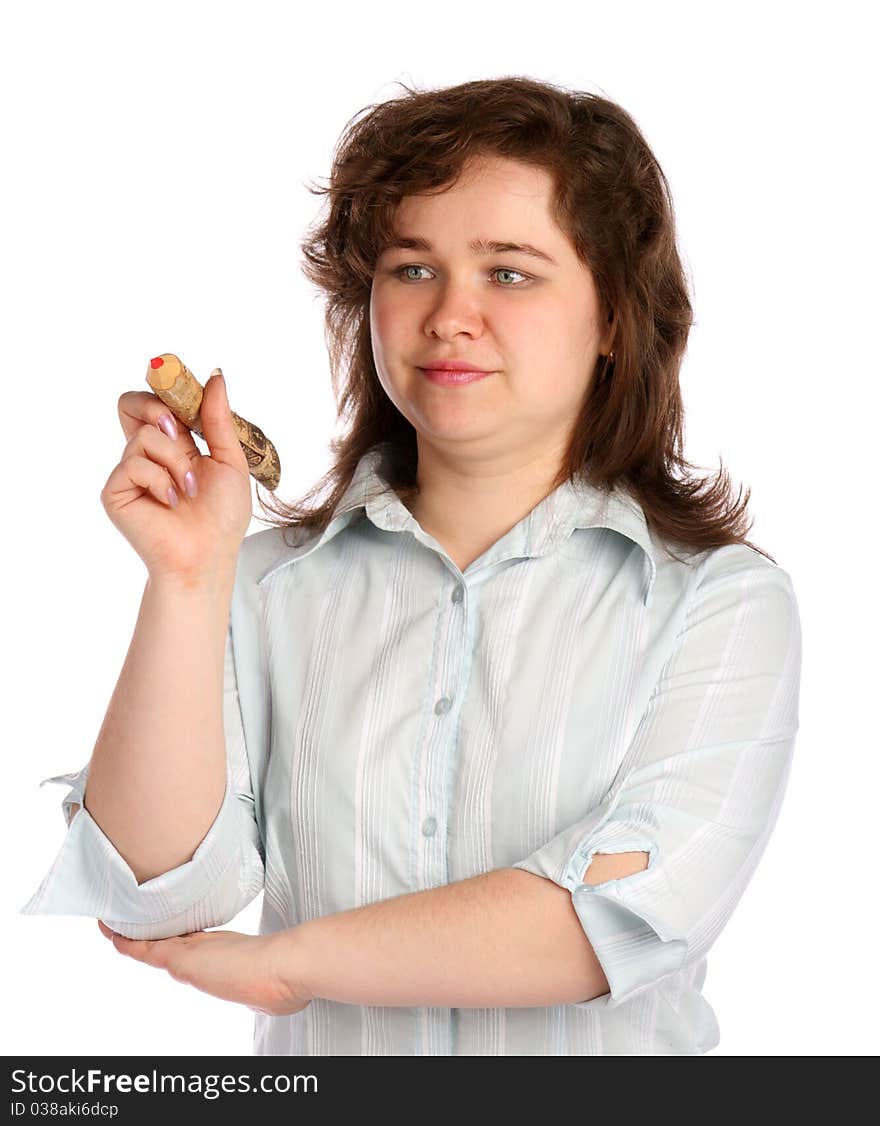 Chubby girl in white shirt with pencil.