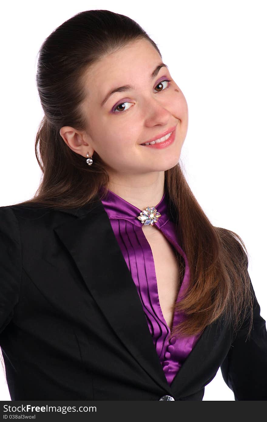 Girl in black suit portrait. Isolated on white.