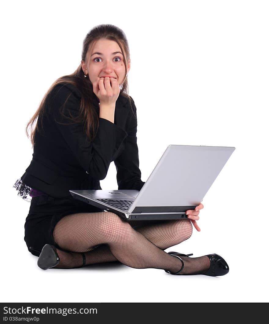 Scared girl in black suit with notebook.