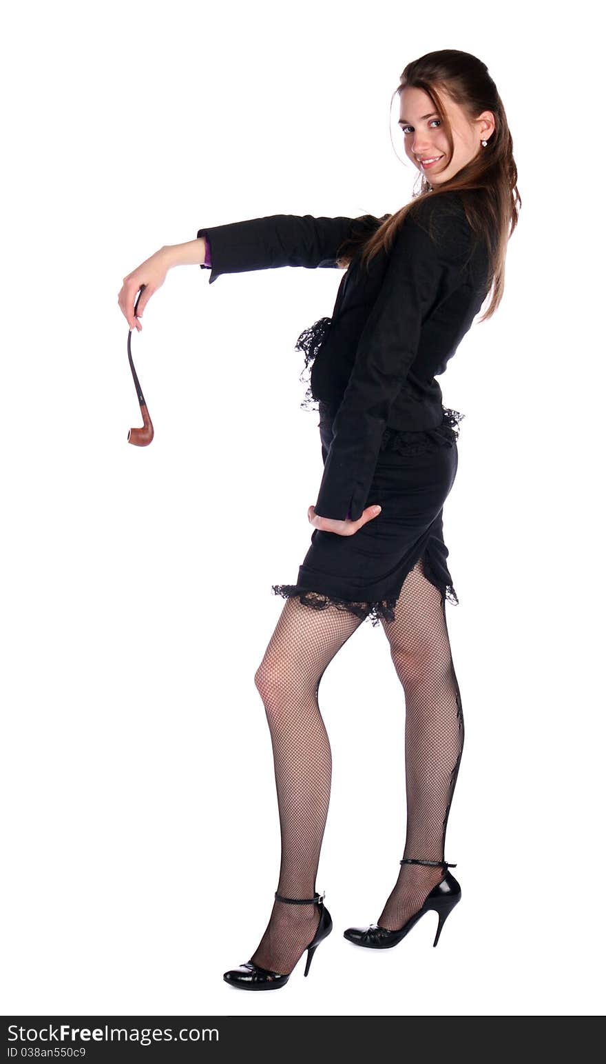 Girl in black suit with tobacco-pipe.