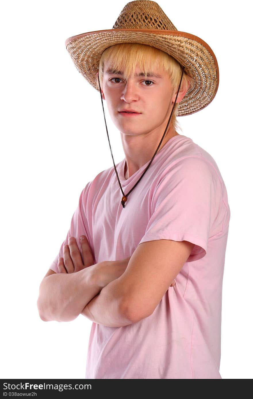 Young man in pink shirt and cowboy hat. Isolated